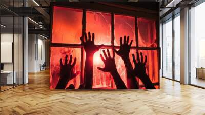 Spooky many zombie hands outside the window, red glowing light. Halloween or horror movie concept Wall mural