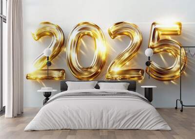 The golden number 2025 is written in a three-dimensional style, with a golden color on a white background Wall mural