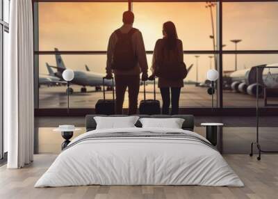 Traveling couple with luggage standing together in the airport and waiting the departure. Back view. Wall mural