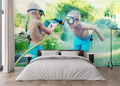 Two brothers play on a summer hot day in the garden. Children are splashing with a garden hose.	 Wall mural