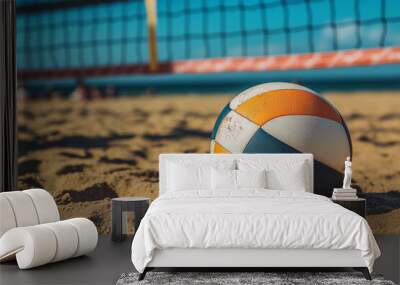 Volleyball net court ball the court on sandy beach against sea view background, sports and summer activities. Wall mural