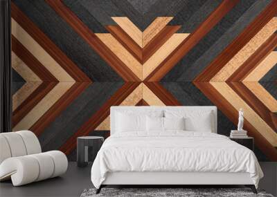 Wooden panel with geometric pattern made of planks for wall decor.  Wall mural