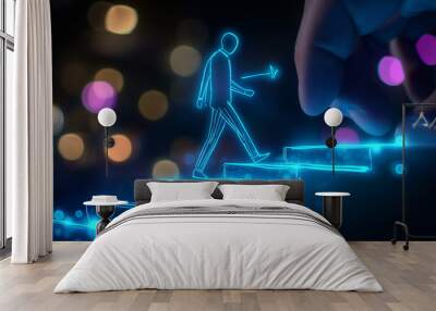 A conceptual image of career advancement, hand drawing a person walking up stairs, glowing blue lines, professional growth, futuristic theme, bokeh lights in the background, with s Wall mural