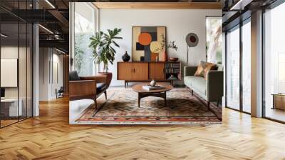 A mid-century modern living room with a teak wood sideboard, a retro patterned rug, an Eames lounge chair, and a statement pendant light Generative AI Wall mural