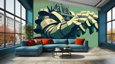 A stylized illustration of a giant robot hand holding a stack of money, representing technology's role in finance AI Generated Wall mural