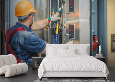 an engineer performing routine maintenance on an elevator system, checking all safety mechanisms and ensuring smooth operation, Labor Day, worker, tools, engineer, with copy space Wall mural