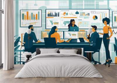 Illustration of an IT team working together in a modern office, IT, tech illustration Wall mural