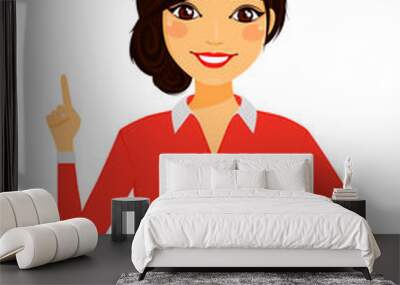 Young beautiful  woman brunette holding thumbs up, emotion, hand gesture. Business woman, business. Flat style on a white background. Cartoon Wall mural