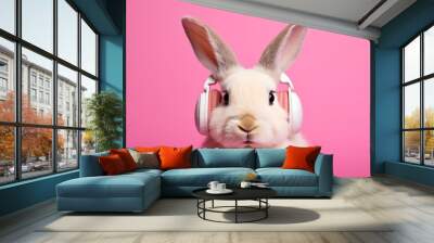 Young white Rabbit Listening to Music On Headphones. Pink Isolated Background Wall mural