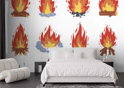 campfire different types. vector burning bonfire frames. camping fire collection. fireplace with fir Wall mural