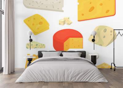 cheese types . modern flat style realistic vector illustration icons. isolated parmesan or cheddar f Wall mural