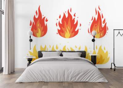 Fire flame vector icons in cartoon style. Flames of different shapes. Wall mural