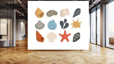 Sea shell vector icons in cartoon style. Set of clam mollusc. Ocean cockleshell. Wall mural