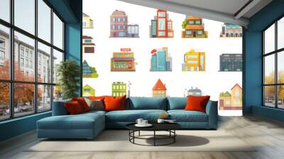 Set of different styles residential and city houses. City architecture retro and modern buildings. House front cartoon illustrations. Store building and Houses exterior collection. Wall mural