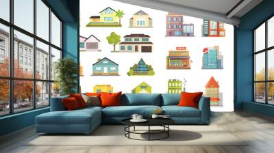 set of different styles residential houses. city architecture retro and modern buildings. house fron Wall mural