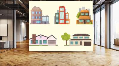 Set of different styles residential houses. City architecture retro and modern buildings. House front cartoon vector illustrations Wall mural