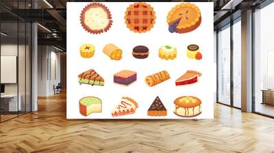 Sweets desserts objects collection, strawberry cakes, fruit and berry sweet pies with cream. Homemade bakery cake dessert pie vector set. Wall mural