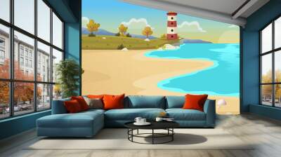 Beautiful beach with blue ocean and trees. Wall mural