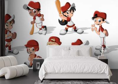 Cartoon children wearing baseball uniform Wall mural