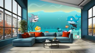 Cartoon fish under the sea. Underwater world with corals.
 Wall mural