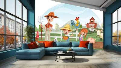 Cartoon people and animals on the farm. Farm background. Wall mural