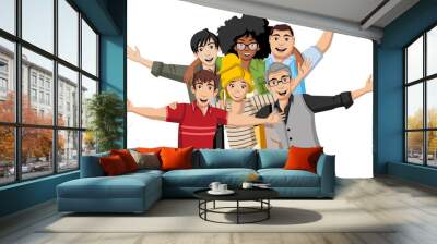 Group of happy cartoon young people. Happy friends. Wall mural