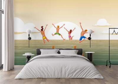 Group of people jumping from wooden pier into the water. Family having fun jumping in the sea water. Wall mural