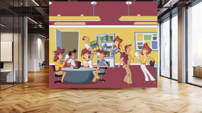 Happy cartoon business people working on office Wall mural