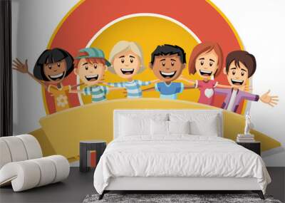 vector banners and labels backgrounds with happy cartoon children. cute kids. design text ribbons. Wall mural