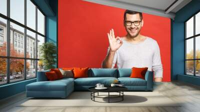 Happy handsome man showing ok sign. Isolated over red background. Wall mural