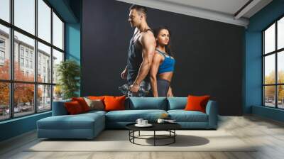 Sporty young sexy couple isolated over black background with dumbbells. Wall mural