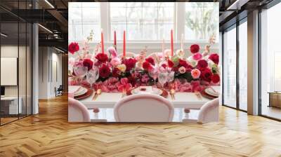 A beautiful table arrangement filled with colorful flowers and candles creates a festive atmosphere for the gathering Wall mural