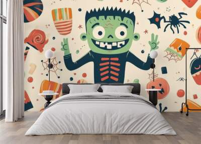 A cheerful Frankenstein character stands among colorful Halloween treats and decorations, perfect for Halloween celebrations Wall mural