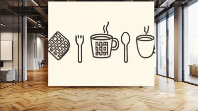 A collection of elegant breakfast line icons featuring waffles, a cup, a fork, and a spoon, perfect for stylish meal presentations Wall mural