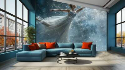 A dancer executes a beautiful leap surrounded by swirling mist and sparkling lights Wall mural