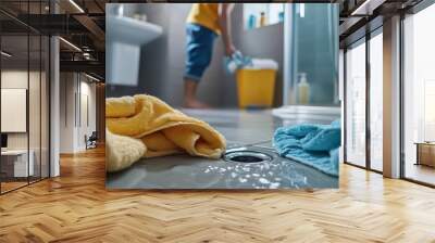 A person in casual attire is cleaning the bathroom floor with wet towels lying around Wall mural