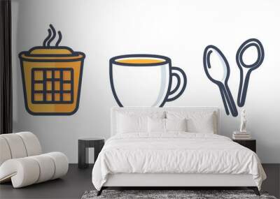 A stylish collection of breakfast icons includes a waffle, a coffee cup, and two spoons, perfect for morning menus or culinary designs Wall mural