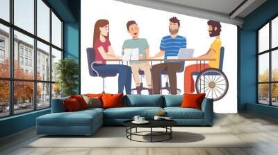 Four colleagues are gathered around a table, working together Wall mural