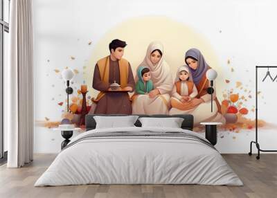 illustration of a Muslim family enjoying Eid Mubarak with traditional Muslim attire and white background Wall mural