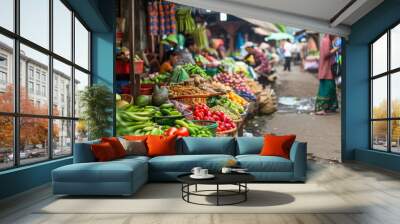 Local vendors display a variety of fresh fruits and vegetables at an outdoor market Wall mural