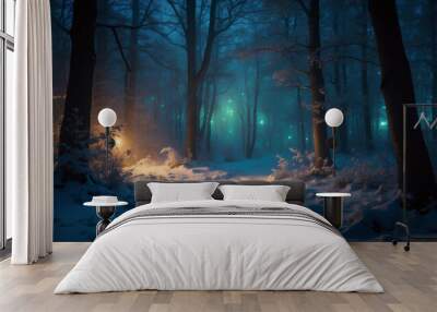 Magical dark fairy tale winter night forest at night with glowing lights and fog and flying particles. Wall mural