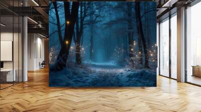 Magical dark fairy tale winter night forest at night with glowing lights and fog and flying particles. Wall mural