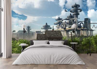 Futuristic City with flying spaceships and ancient house Wall mural