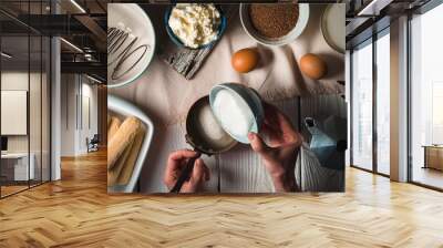 Cooking tiramisu on the white wooden table Wall mural