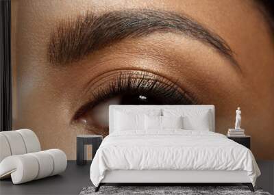 Close-up of make-up eye with long eyelashes and brown eyebrows of black woman Wall mural