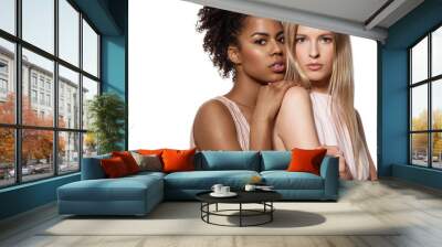 two beautiful models of african-american and european woman with clean skin and well-groomed hair is Wall mural