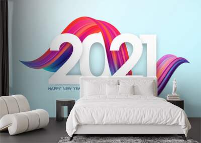 Happy New Year 2021. Greeting card with colorful abstract twisted acrylic paint stroke shape. Trendy design Wall mural