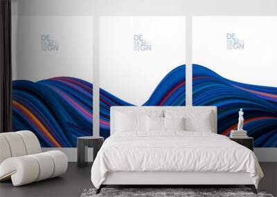 Set of three blue color flow poster backgrounds. Modern design. Wall mural