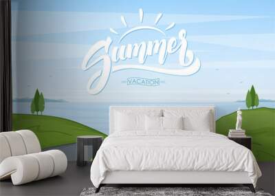 Vector illustration: Cartoon landscape with travel car rides on the road and handwritten lettering of Summer. Wall mural