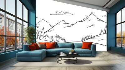 Vector illustration: Hand drawn Mountains sketch landscape with hills, pine and clouds. Line design. Wall mural